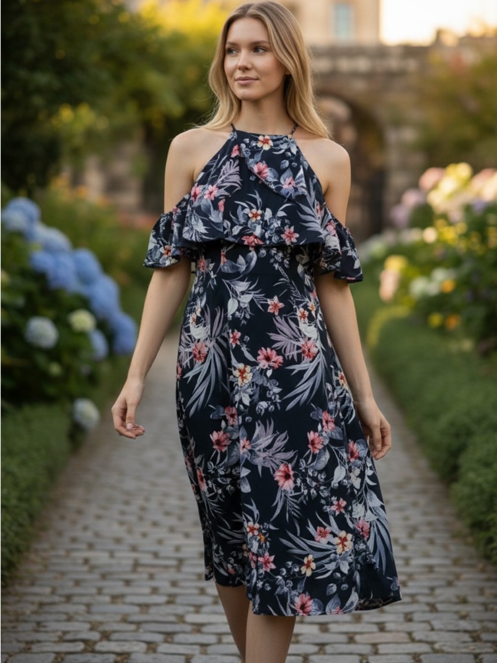 Navy Floral Cold-Shoulder Midi Dress